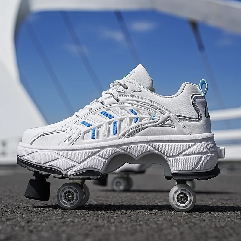 Running Shoes - 子供用ローラーブレード、4輪、ボタン式、格納式ブレーキ、安定した走行性能、ストリートでの使用に適した、耐摩耗性の高いホイールを備えたシューズ。