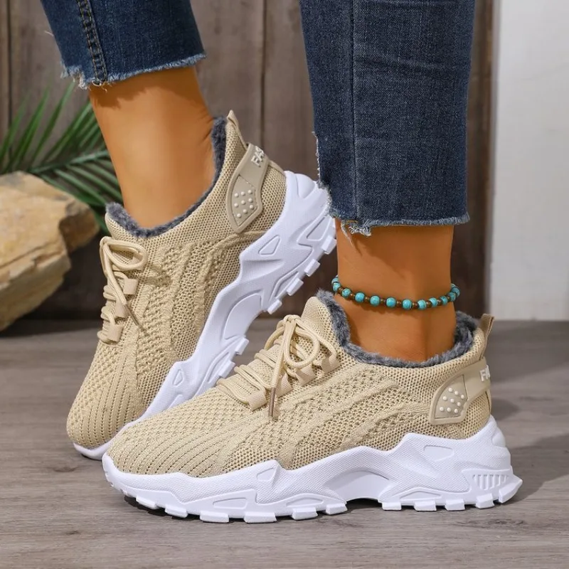 レディース用、冬用、保温性スニーカー。ニット素材、レースアッ - Knit Fabric Lace Up Sneakers のレビューと価格