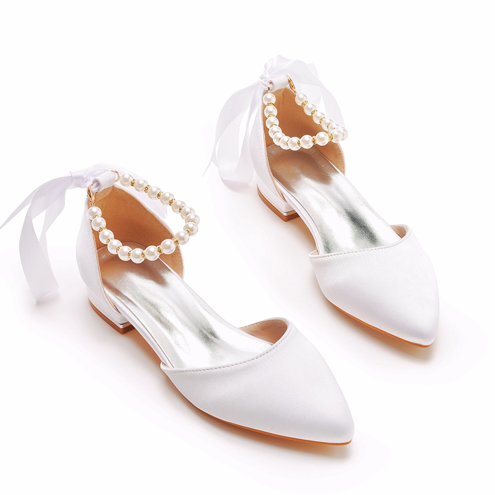 結婚式の靴花嫁フラットヒール尖った中空サンダル女性ホワイトサ - Sandals のレビューと価格